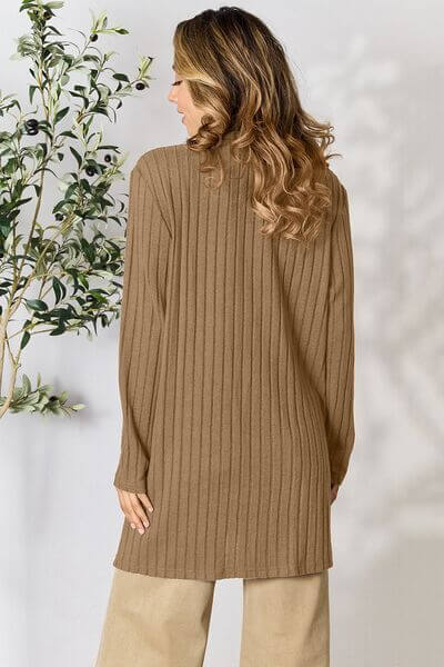 Tan Brown Ribbed Open Front Cardigan With Pockets