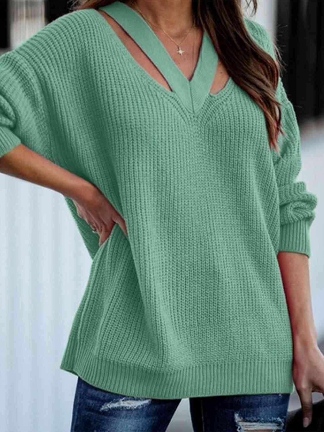 Green V-Neck Rib-Knit Sweater