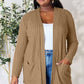 Tan Brown Ribbed Open Front Cardigan With Pockets
