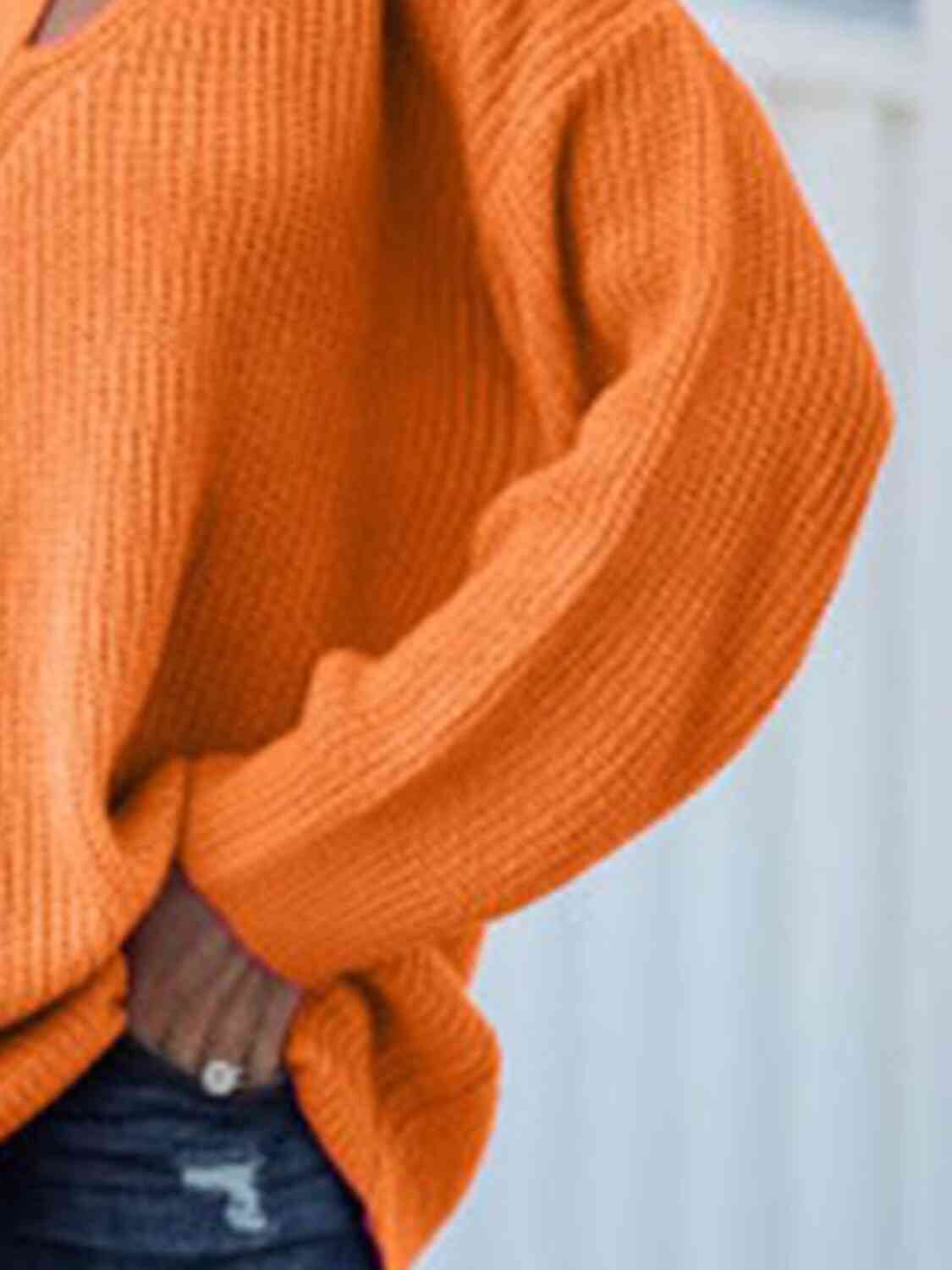 Orange V-Neck Rib-Knit Sweater