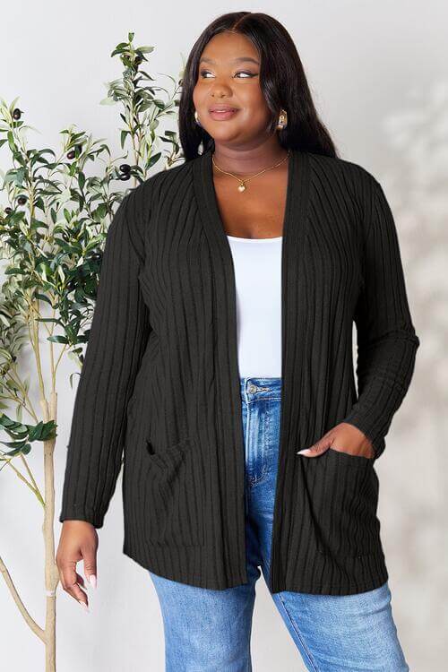 Black Ribbed Open Front Cardigan With Pockets