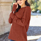 Brick Red Ribbed Round Neck Long Sleeve Knit Top
